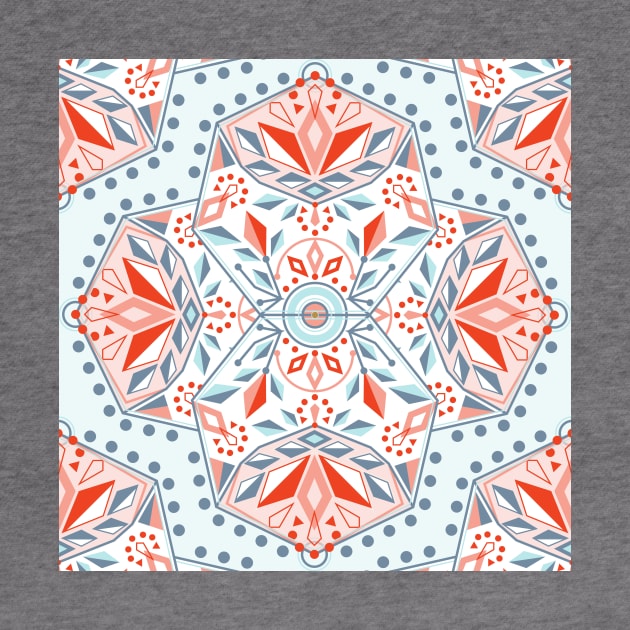 Mint and Orange Geometric Flower Mandala by Carolina Díaz